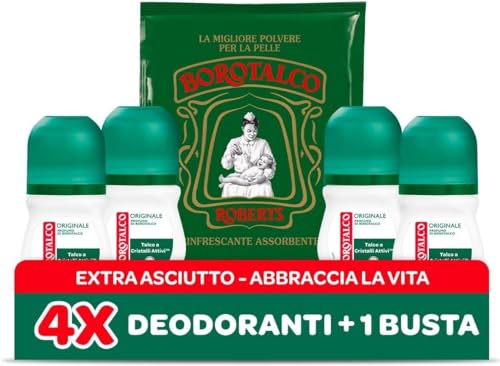 Borotalco, Borotalco - Desodorante roll-on original con talco con cristales activos, triple protección en seco, sin alcohol, fragancia de Borotalco - 4 x 50 ml