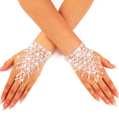 GORTIN Rhinestone Fingerless Gloves Silver Sparkle Wedding Glove Glitter Prom Hand Chain for Women