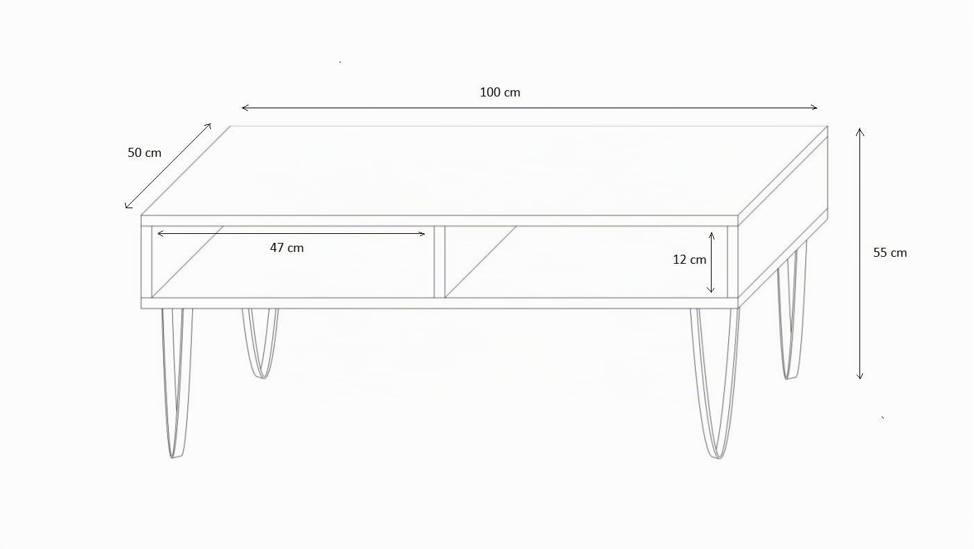 MATKAM Dora Couchtisch, H/B/T 55 x 100 x 50 cm, in Retro Optik, mit Metallbeinen, Zwei offene Ablagefächer, in verschiedenen Ausführungen erhältlich (Artisan Eiche)