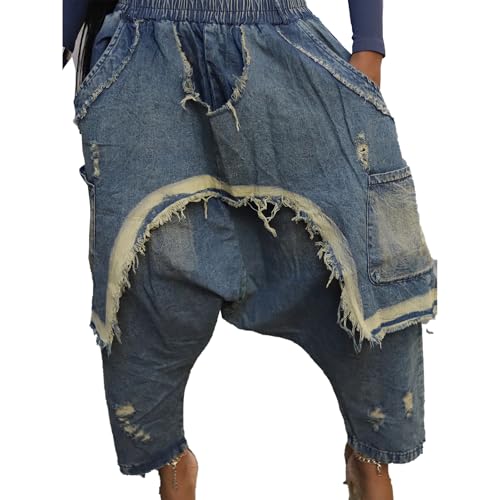 Women's Denim Harem Pants Irregular Hem Elastic Waist Ripped Distressed Wide Leg Baggy Jeans2