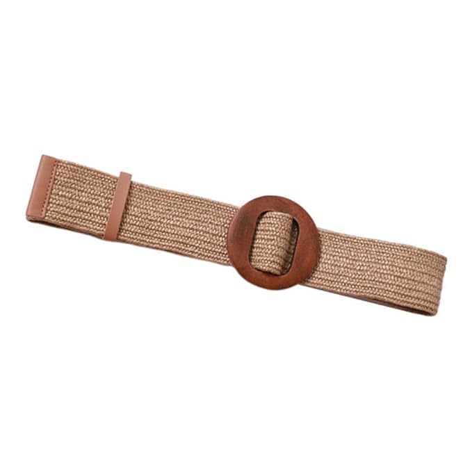 pp grass woven fashion wide belt Boho style all-in-one decorative dress wood round Brown-image-22