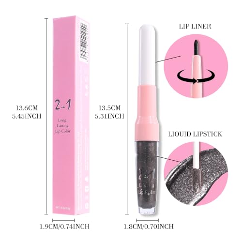 Image of evpct Black Metallic Glitter Lip Liner and Lipstick Combo Lip Gloss Stain Set Makeup for Women Long Lasting Waterproof 24, Goth Gothic Halloween Metallic Shimmer Frosted Iridescent Liquid Lipstick 17