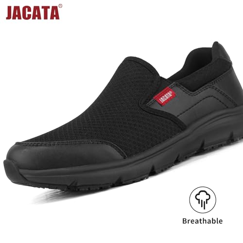 Image of Jacata Non Slip Black Work Shoes for Men Food Service Mens Water Slip Resistant Leather Slip on Chef Walking Shoes for Restaurant Kitchen Sneakers