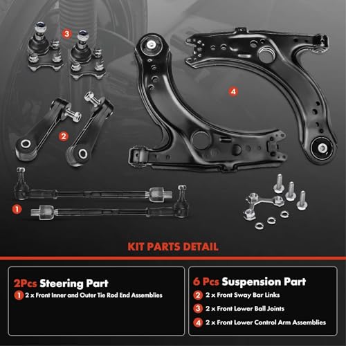 Image of A-Premium 6Pcs Front End Suepnsion Kit, Lower Control Arm & Lower Ball Joint, Sway Bar Link, Inner & Outer Tie Rod End Assembly, Compatible with Volkswagen Jetta 99-05, Golf 99-06, Beetle 98-00