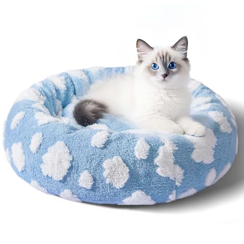 Image of Donut Dog Bed for Small Dogs 20 Inch Round Cat Beds for Indoor Cats Circle Cuddler Pet Bed Fluffy Warm Puppy Bed Removable Washable Cover Anti-Slip Bottom, Blue /White Cloud