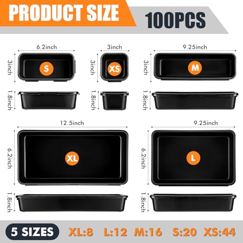 Funnymoom 100 Pack Tool Box Organizer and Storage Tool Drawer Organizer Tray Divider 5 Sizes Garage Organization and Storage Black Plastic Tray Bins for Home Office Supplies