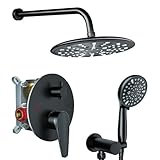 Rainfall Shower System 9 inch Wall Mounted for Bathroom,10-Setting Rain Shower Head System,High Pressure Shower Faucets Sets Complete with Handheld Sprayer and Valve,Matt Black