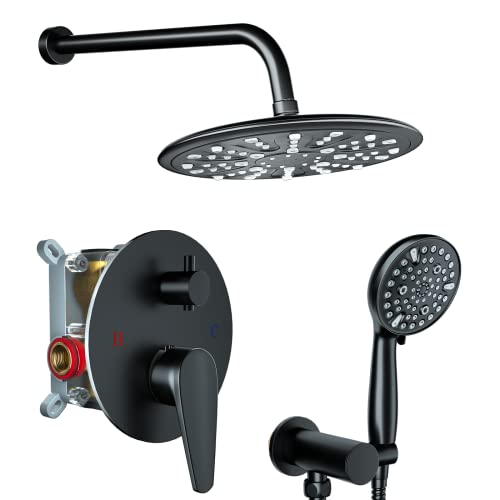 Rainfall Shower System 9 inch Wall Mounted for Bathroom,10-Setting Rain Shower Head System,High Pressure Shower Faucets Sets Complete with Handheld Sprayer and Valve,Matt Black