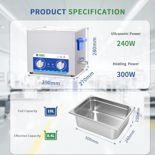 Image of DK SONIC Ultrasonic Cleaner,10L 240W Sonic Cleaner with Heater&Mechanical Timer,Ultrasonic Carburetor Cleaner for Cleaning Gun,Engine,Carburetors,Chains(Include Basket)