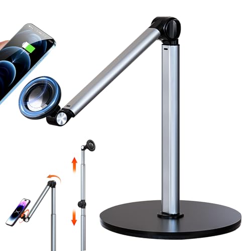 【2025年最新】スマホスタンド 卓上 マグネット 角度調整 寝ながら 360度回転 撮影 magsafe対応 高さ調整（29cm-84cm）伸縮性 折りたたみ 高さあり コンパクト マグセーフ対応 強力 アームスタンド スマホ撮影 片手操作 アルミ合金 広い可動域 省ベース iPhone/Android全機種対応 俯瞰/手元/動画撮影/ライブ配信 滑り止め 落下防止