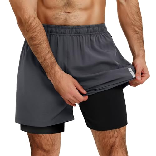 Fioneca Men'S 2 In1 Running Shorts 5''Quick Dry Mens Athletic Shorts Breathable Mesh Gym Shorts Men With Zip Pockets & Towel thumb #3