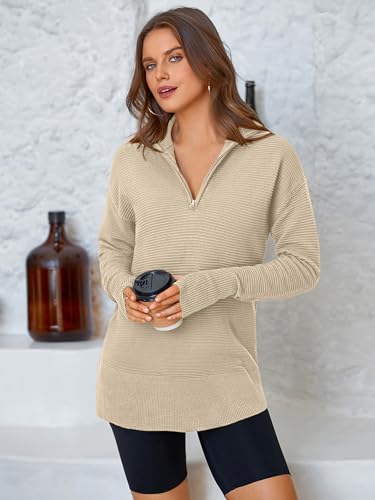 PRETTYGARDEN Womens Long Sleeve Quarter Zip Pullover Sweater Casual Loose V Neck Collared Ribbed Knit Jumper Tops Thumb Hole - Image 6