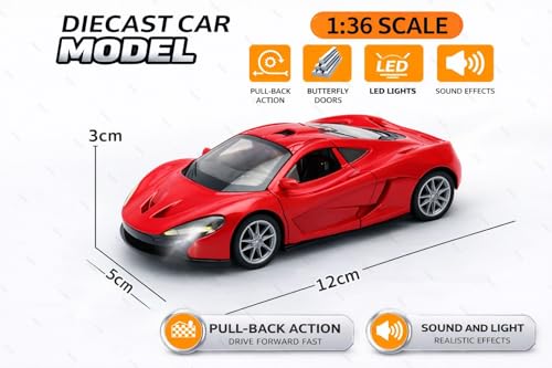 Image of 1:36 Scale McLaren 720S Toy Car - Die-Cast Metal Pull Back Vehicle with Openable Doors, Lights & Music - Sports Model for Kids, Boys & Collectors (Red)