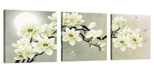 Amoy Art -3 Panels Moon White Magnolia & Butterfly Prints on Canvas Wall Art Modern Stretched and Framed Pictures Paintings Artwork for Living Room Bedroom Home Decor