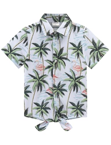 Image of Noomelfish Girls Tie Front Hawaiian Shirt Summer Floral Tropic Short Sleeve Button Down Tops (5-14 Years)