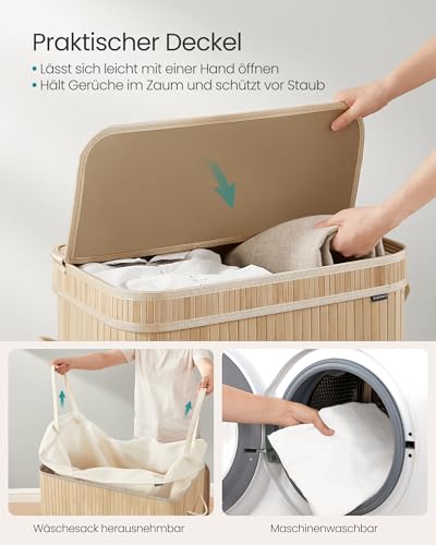 SONGMICS Wäschekorb mit Deckel, Wäschesammler Bambus, Wäschesack herausnehmbar und maschinenwaschbar, mit Griffen, 100 Liter, für Waschküche, Schlafzimmer, Wohnzimmer, naturbeige LCB063N01