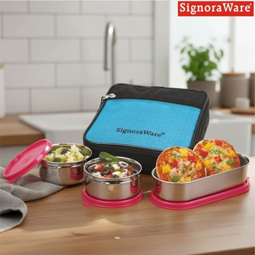Image of SignoraWare Health Bite Stainless Steel Lunch Box | Airtight & Leakproof | Compact & Easy to Carry | Ideal for Meal Prep, Travel & Everyday Use (350ml x 2 + 650ml | Set of 3 | Red)