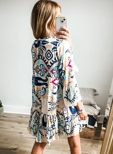 miduo Womens Summer Dress Casual V Neck Buttoned 3/4 Sleeve Bohemian Tribal Print Flowy Mini Dresses3