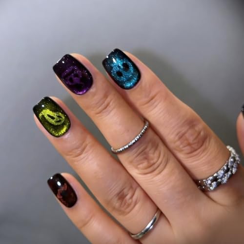 MAGLFELL Press On Nails- Scary Handmade Short Square Halloween Cat Eye Fake Nails with Colorful Ghost Heads, 10 Pcs Reusable Acrylic False Nails for Women, L