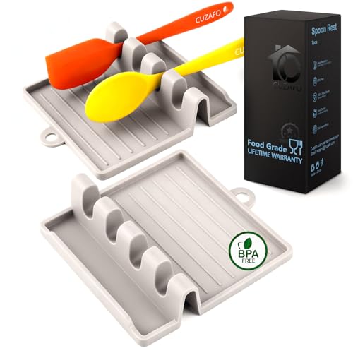 CUZAFO 2-PACK 600°F Heat Resistant Silicone Spoon Rest, Multiple Utensil Rest, BPA Free Easy to Clean Dishwasher Safe, Khaki