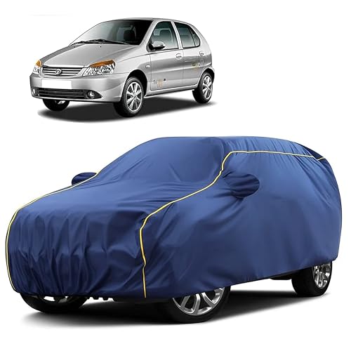Image of Sulfar 100% Water Resistant Car Body Cover Compatible with Mirror for Tata Indica V2 (Triple Stitched, Full Bottom Elastic, Blue Taffeta with Yellow Piping)