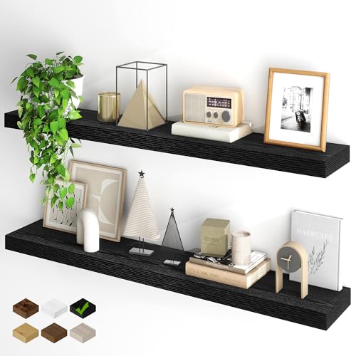 Fun Memories Floating Shelves for Wall, 48Inch Floating Shelves Set of 2, Hanging Shelf with Invisible Brackets, Wood Shelves for Living Room, Bedroom, Kitchen, Black