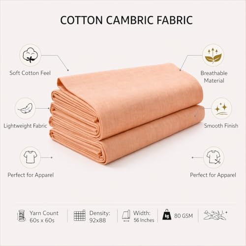 Image of Soimoi Peach Solid 60 * 60's Cotton Cambric Fabric by 3 Yards, 56 Inch Wide Light Weight Material Suitable for Kurtis, Blouses, Kids Clothing, Tunics, Dresses and Summer Apparel