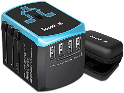 International Power Adapter, SOONPAM World Travel Adapter W/ 4 USB Type I C G A Outlets Adaptor Kit All in One Worldwide Power Plugs Adapter for Asia,US,UK,EU,AU 200+Countries(Black+Blue)