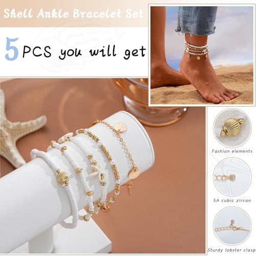 Image of Boho Shell Ankle Bracelet Set for Women, 5 Pairs 14K Boho Bead Handmade Adjustable Anklet, Hawaiian Beach Seashell Starfish Foot Jewelry Gifts