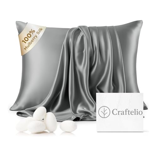 Image of Craftelio Satin Pillow Covers Set of 2 with 3 Random Satin Hair Scrunchies - Soft, Silky & Gentle Pillowcases for Hair & Skin Care (Gray)
