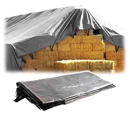 Mytee Products 25' x 48' Heavy Duty 8oz Hay Tarps - 14.5 mil Waterproof Poly Tarpaulin with UV & Frost Resistance, Silver/Black, Tear-Proof Cover for Agriculture, Equipment