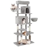 YITAHOME Kratzbaum Groß, Höhe 176 cm, XL Katzenbaum, Mehrstöckiger Kratzbaum, Katzenkratzbaum mit 2 Höhlen, 2 Korb, Hängematte, Plüschbälle, Katzenbürsten, Hellgrau
