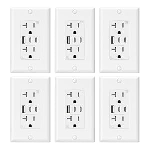 ELEGRP USB Outlets, 20 Amp Wall Outlet with 3 USB Ports, Dual USB C Ports Outlets, TR Tamper-Resistant USB Outlets Receptacles, Wall Plate Included, UL/CUL Listed, 6 Pack, White