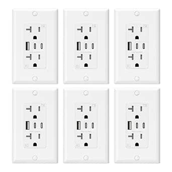 ELEGRP 20 Amp Wall Outlet with 3 USB Ports, Tamper-Resistant, UL/CUL Listed, White (6 Pack)