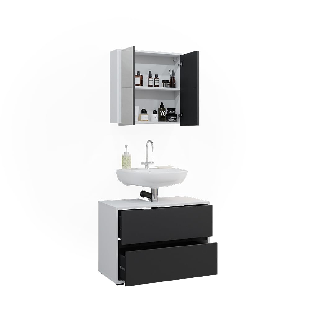 Vicco Badmöbel-Set Maltin, Weiß/Anthrazit, 80 cm, besteht aus Badspiegel und Waschbeckenunterschrank