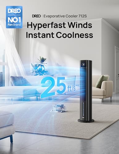 Image of DREO Evaporative Air Swamp Cooler, 43 inch Cooling Fans that Blow Cold Air | 2026 Upgraded 80 Oscillating Floor Fan for Bedroom, Easy Cleaning, APP Control, Ice Pack, 4 Speeds 4 Modes, 12H Timer, Black