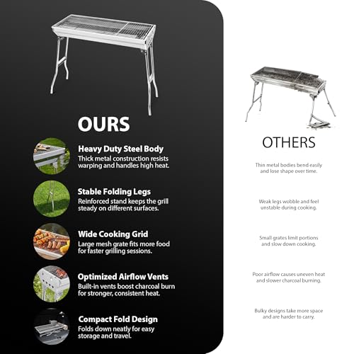 Zeno Portable Bbq Grill | Folding Charcoal Barbecue For Camping, Garden, Picnic | Steel Large Grill With Stable Fold Out Legs Wide Cooking Area And Travel Ready Design - 3