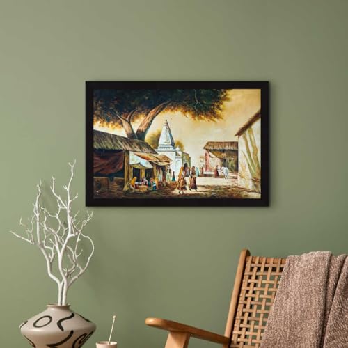 ArtX Paper Rajasthani Village Scene Framed Wall Art Painting, Wall decor for living room, Multicolor, Nature, 18 x 12 inches, Set of 1