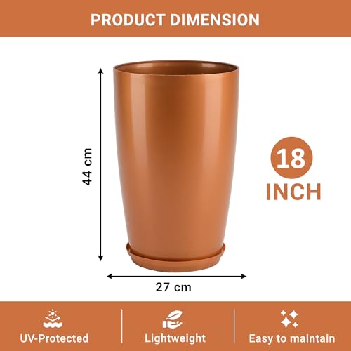 Image of Heart Home 2 Pcs Big Planters /Vase with Saucer for Home Decor | 18 Inch Large Outdoor & Indoor Flower Pot /Drainage Hole /Lightweight /Plant Container | Copper