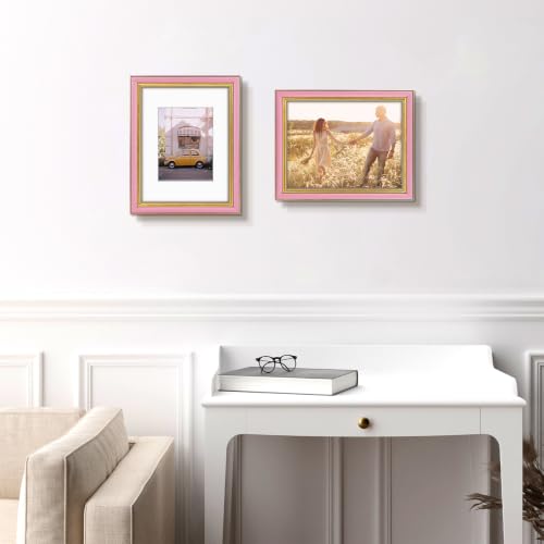 Image of Golden State Art,9x12 Ornate Picture Frame Holds 6x8 Photo,Pink Gold | Includes real glass front,white mat,build-in hangers and buttons.Displays 6x8 photo on wall