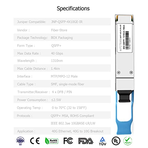Image of 40GBASE-PIR4 QSFP+ Optical Transceiver Module Compatible with Juniper Networks JNP-QSFP-4X10GE-IR 4x10GBASE-IR 40G PLRL4 1310nm 1.4km MTP /MPO SMF DDM