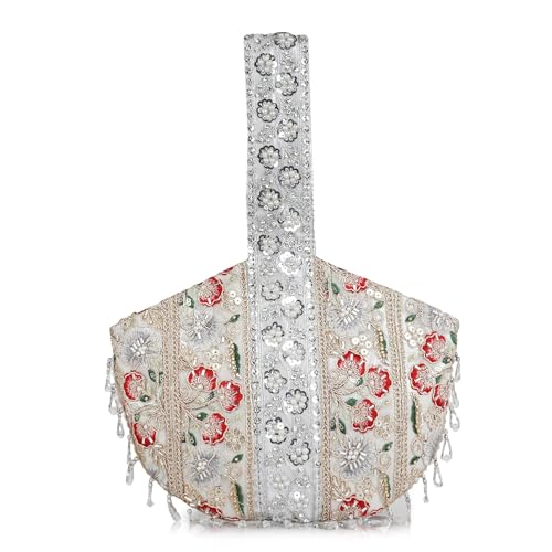 Image of Nevis Stylish Embroidery Unique Design Traditional Wedding Party Handheld Potli Bag for Women (Silver)