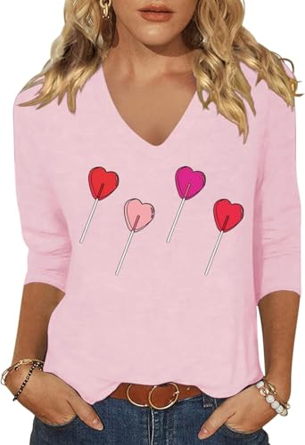 Image of Womens 3 /4 Sleeve V Neck Valentine T Shirts Love Heart Printed Graphic Tee Tops