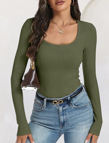 ANRABESS Ribbed Square Neck Slim Long Sleeve Shirts for Women,Army Green,XL — view 2