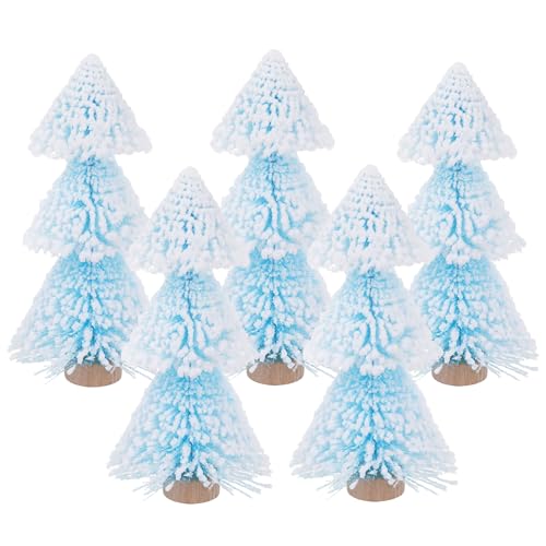 Yookat 5 Pieces Mini Christmas Trees Bottle Brush Trees with Wooden Base Artificial Bottle Brush Tree for Christmas Decor Party Home Table Decorations (Blue)