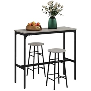HOMCOM 3 Piece Bar Table Set with 2 Stools, Industrial Bar Table and Stool Set, Dining Table and Chair Set for Small Space, Grey