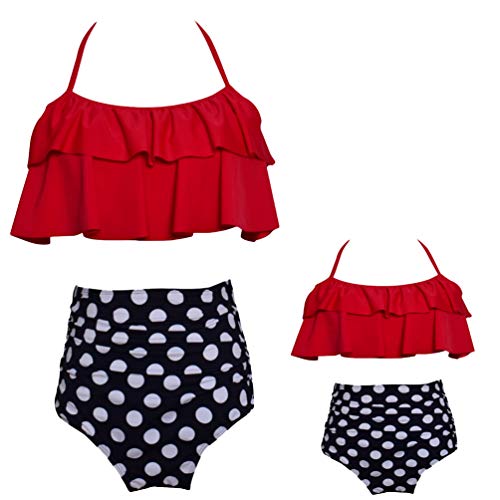 YiLianDaD Bikini Conjuntos de Cintura Alta Trajes de Baño con Volantes Ropa de Baño de Impresión Flor para Familia Madre Trajes de la Hija Rojo