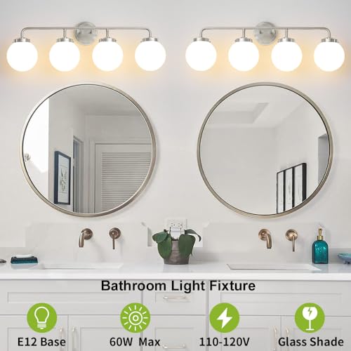 Image of Bathroom Light Fixtures Over Mirror, Brushed Nickel Modern Vanity Lighting with Milk White Glass Globe Shades 4-Light Farmhouse Wall Sconce