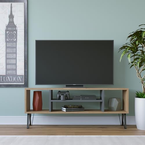 Elegante supporto per TV con opzione di montaggio a parete rovere e antracite 120 x 25 x 46.6 cm 100% melamina rivestita in spessore 18 mm Multiple Shelves per Modern Living