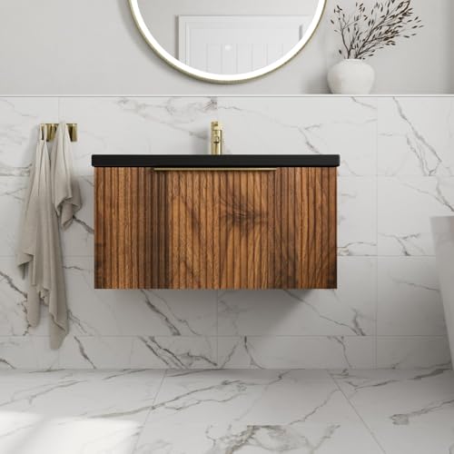 Image of BAYSTONE Fluted 800mm Bathroom Vanity Unit Black Ceramic Basin Sink, Cloakroom Storage Furniture Cabinet Wall Hung Cupboard Soft Close, Brushed Brass Handle, Walnut